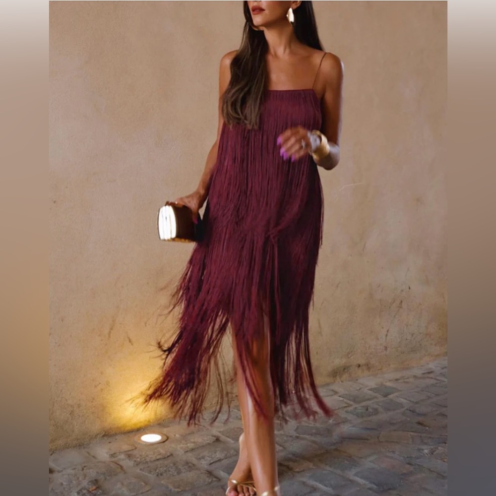 Commense Burgundy Fringe Midi Dress